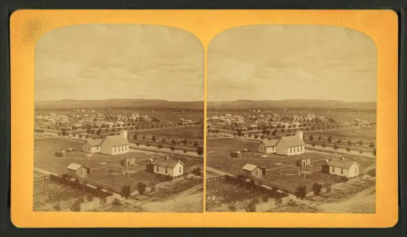Old stereograph image of Colorado Springs, from the cupola of the Public School building, looking north-east