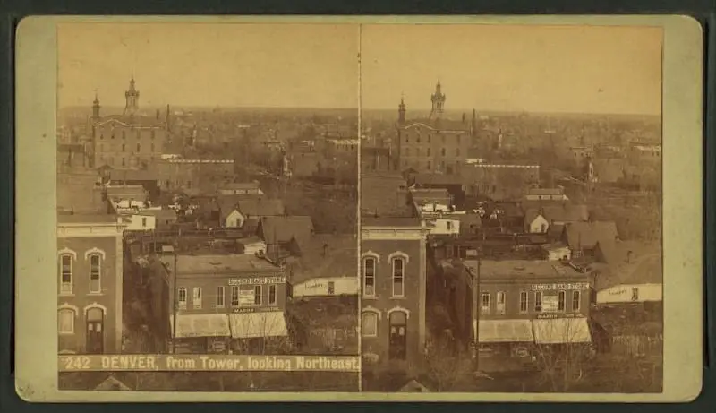 Old stereograph image of Denver Colorado from Tower, looking north-east