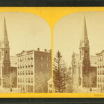 Old stereograph image of Fallon's block and Trinity Church, Worcester, Mass