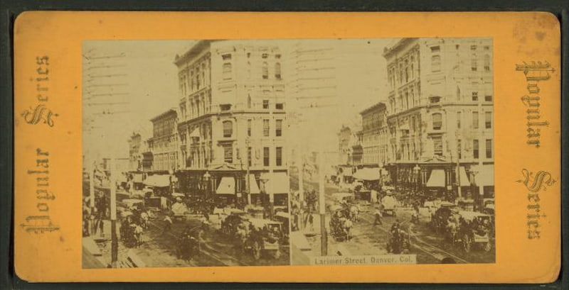 Old stereograph image of Larimer Street, Denver, Colorado