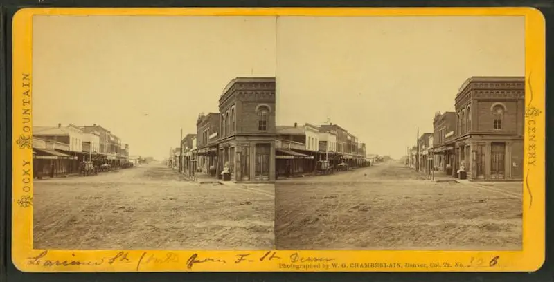 Old stereograph image of Larimer Street Denver in the 19th century