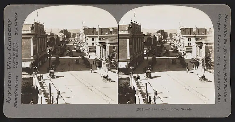 Old stereograph image of Main Street Reno Nevada, circa 1920