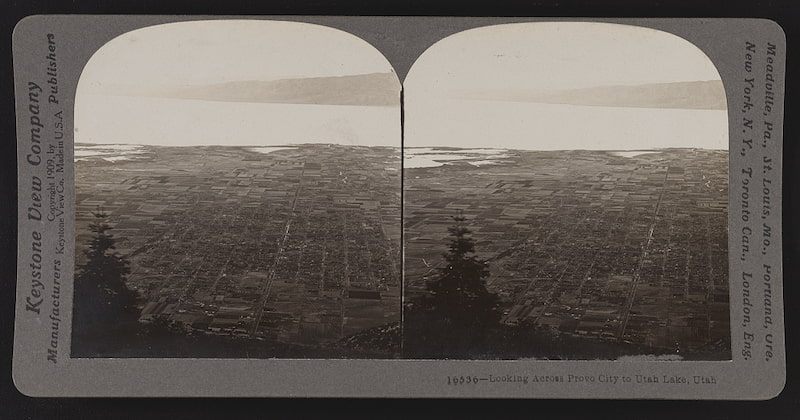 Old stereograph image of Provo City and Utah Lake, Utah, circa 1909