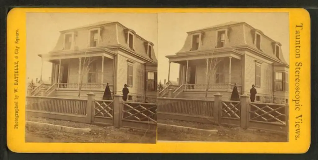 Old stereograph image of a house in Taunton, Massachusetts
