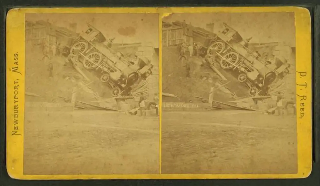 Old stereograph image of a train derailment at an embankment in or close to Newburyport, Massachusetts