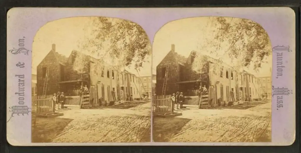 Old stereograph image of a workshop at Taunton, Massachusetts