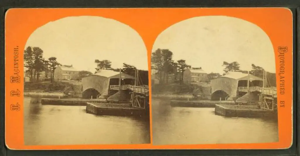 Old stereograph image of the Chain Bridge at Newburyport Massachusetts