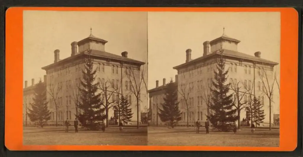 Old stereograph image of the Mechanical Building at the University of Michigan in Ann Arbor in 1872