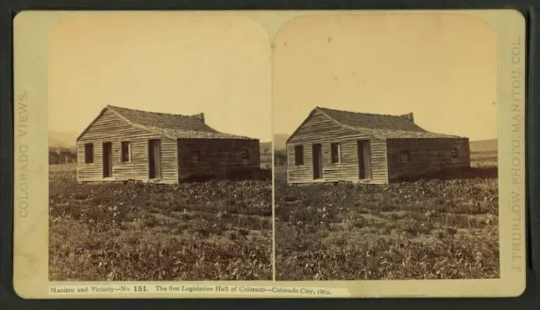 Old stereograph image of the first legislative hall of Colorado, Colorado City, 1862