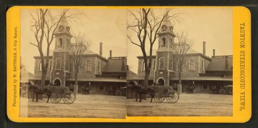 Old stereograph image of the railroad station at Taunton Massachusetts