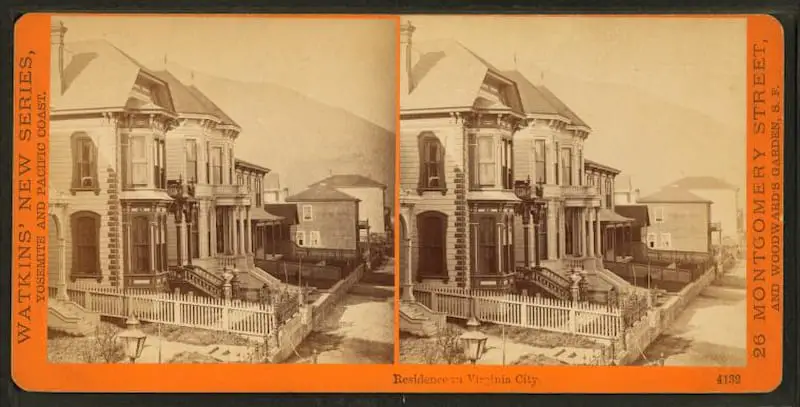 Old stereograph images of houses in Virginia City Nevada