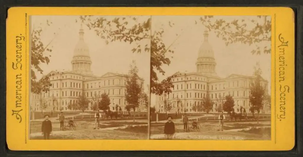 Old stereograph images of the State Capitol building in Lansing, Michigan, in 1885