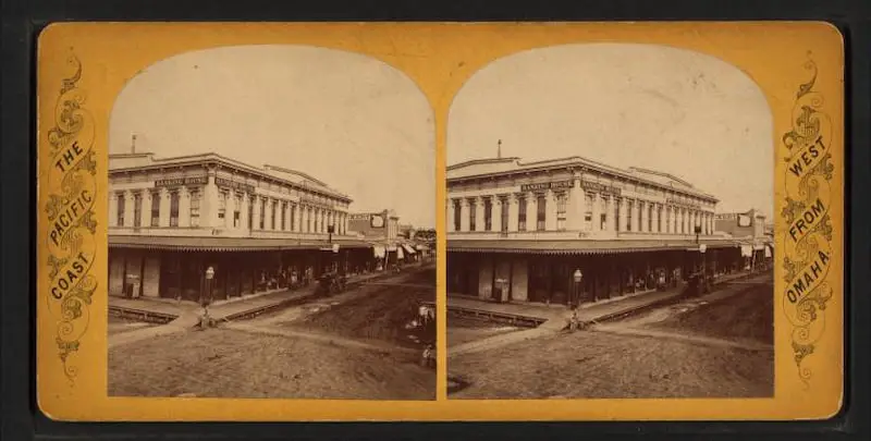 Old stereograph of Main Street, Stockton, California, dated 1870