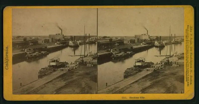 Old stereograph of Stockton, California, in 1870