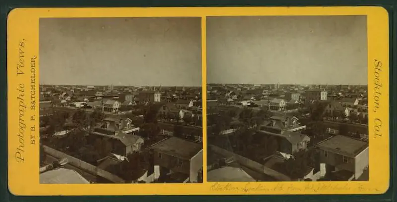 Old stereograph of Stockton, California, looking NE from Jas Littlehale's Tower, in 1876