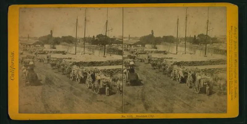 Old stereograph of Stockton City in California, taken in 1870