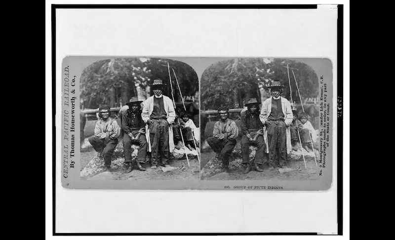 Old stereograph of a group of Piute or Paiute Native Americans, taken in the 1860s
