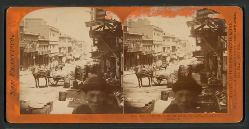 Old stereograph of a view among the Chinese on Sacramento Street, San Francisco, California, taken in 1870