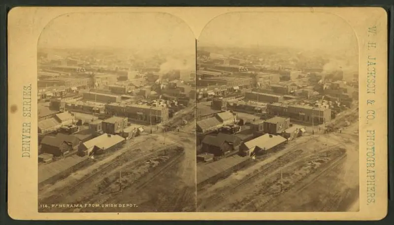 Old stereograph panorama of Denver Colorado from Union Depot