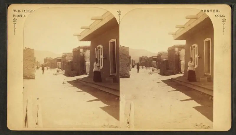 Old stereograph photo of San Miguel Street, Santa Fe, New Mexico