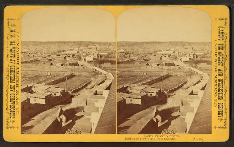 Old stereograph photo of a Bird's-evey view, north from College, Santa Fe, New Mexico
