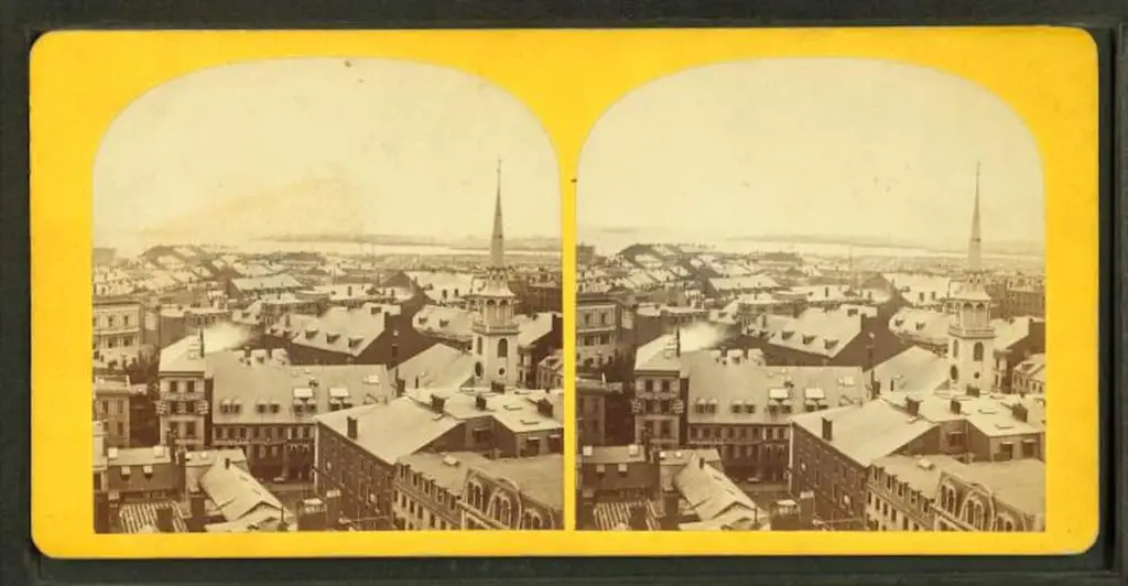 Old stereograph photo of a birds-eye view of Newburyport, MA