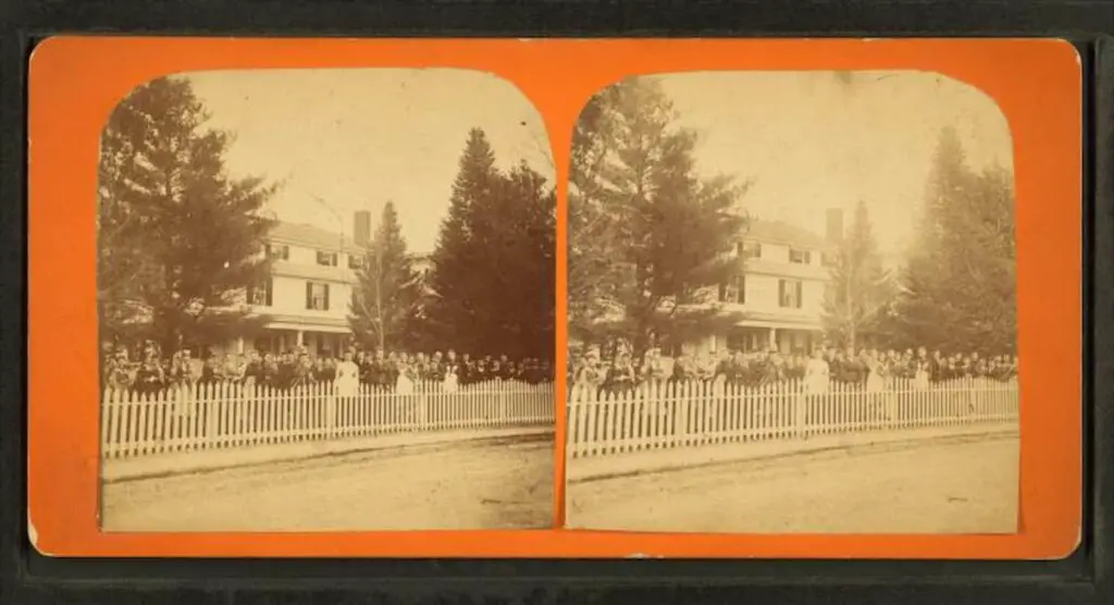 Old stereograph photo of a gathering at a home in Taunton, Massachusetts