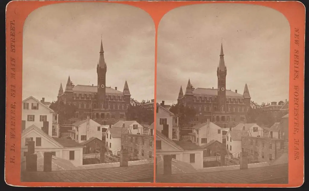 Old stereograph photo of the High School, Worcester, Mass