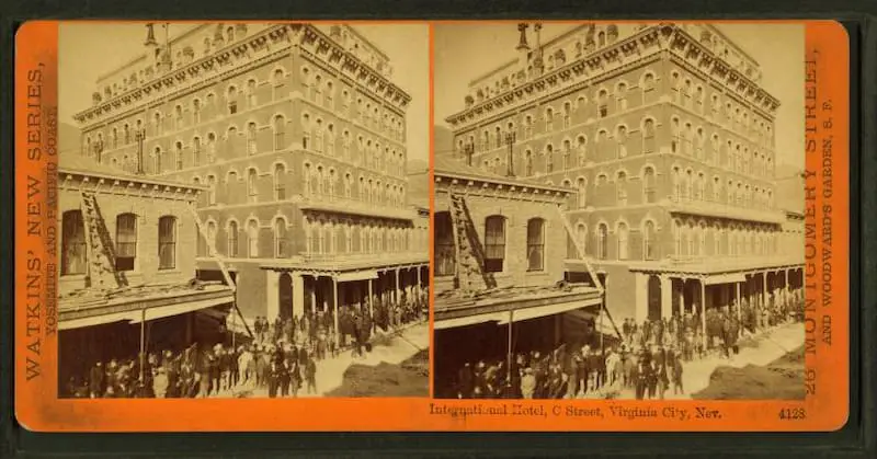 Old stereograph photo of the International Hotel, C street, Virginia City, Nevada