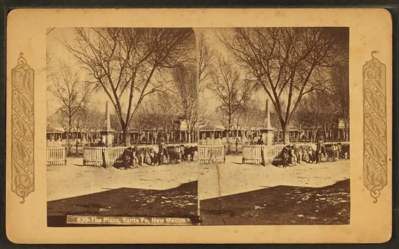 Old stereograph photo of the Plaza, Santa Fe, New Mexico