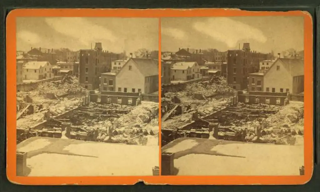Old stereograph photo of the aftermath of a mill fire on Inn Street, Newburyport, Massachusetts