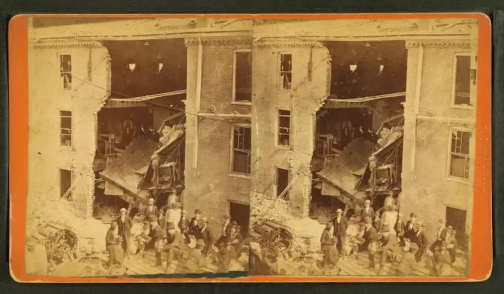 Old stereograph photo of a damaged building following the Curtis Hat Shop explosion in Newburyport on September 11 1871