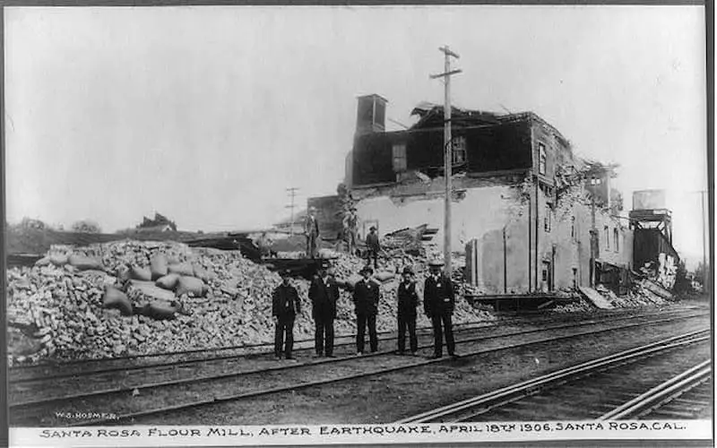 Old photo of the Santa Rosa flour mill after the famus Californian earthquake of April 18th 1906; Santa Rosa, California