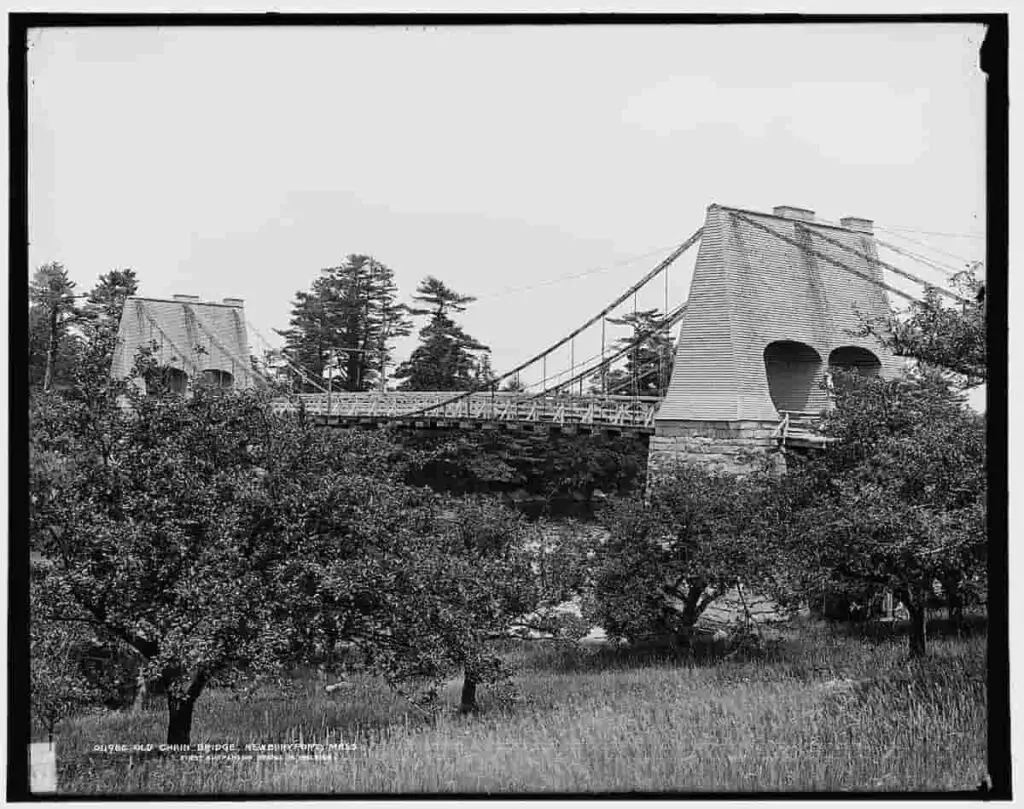 Vintage photo of the Old chain bridge, Newburyport, Mass, the first suspension bridge in America