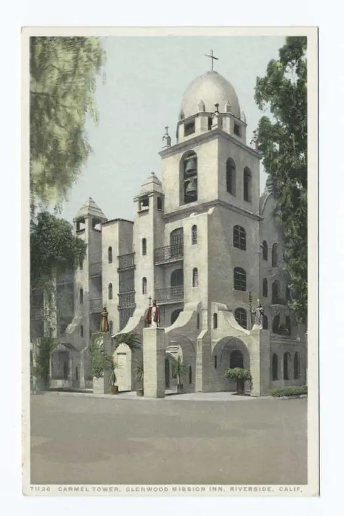 Vintage postcard of Carmel Tower, Glenwood Misssion Inn, Riverside, California