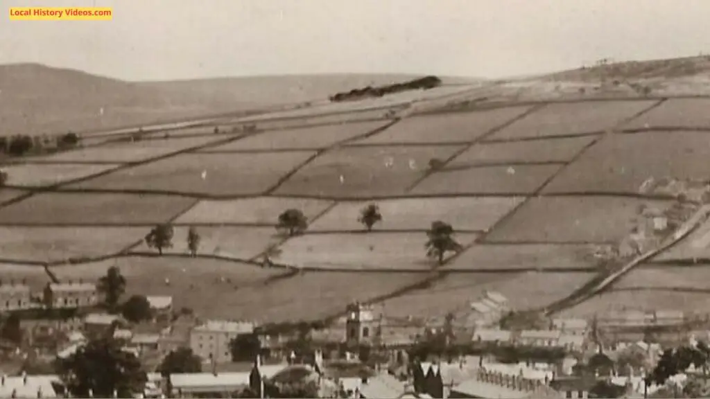 Closeup of an old photo postcard of Hayfield in Derbyshire, England