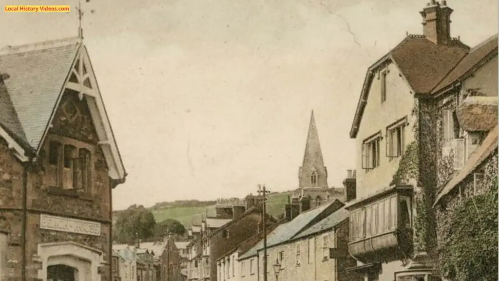 Closeup of an old postcard of Fore Street, Beer, Devon