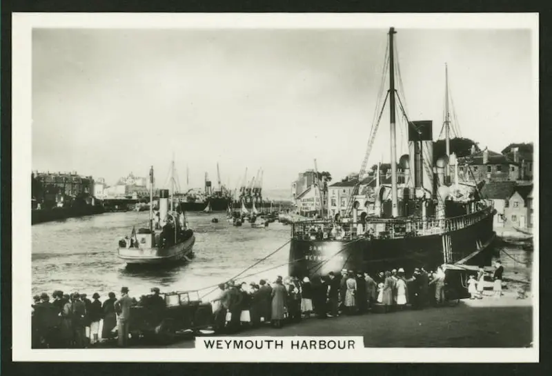 Old cigarette card with a photo of Weymouth Harbour in Dorset, England