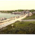 Old photo of a view of the beach at Swanage in Dorset, England, in the 1890s