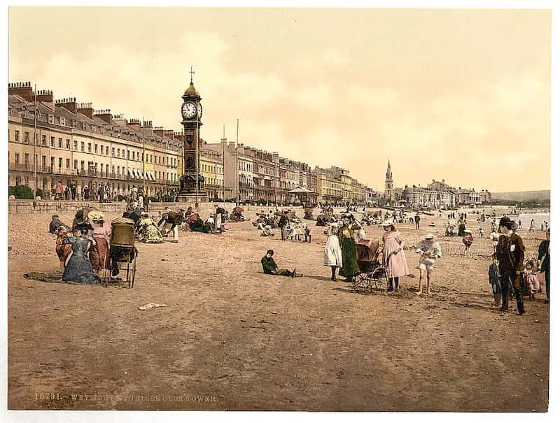 Old photo of the Jubilee Clock Tower at Weymouth, Dorset, England, in the 1890s