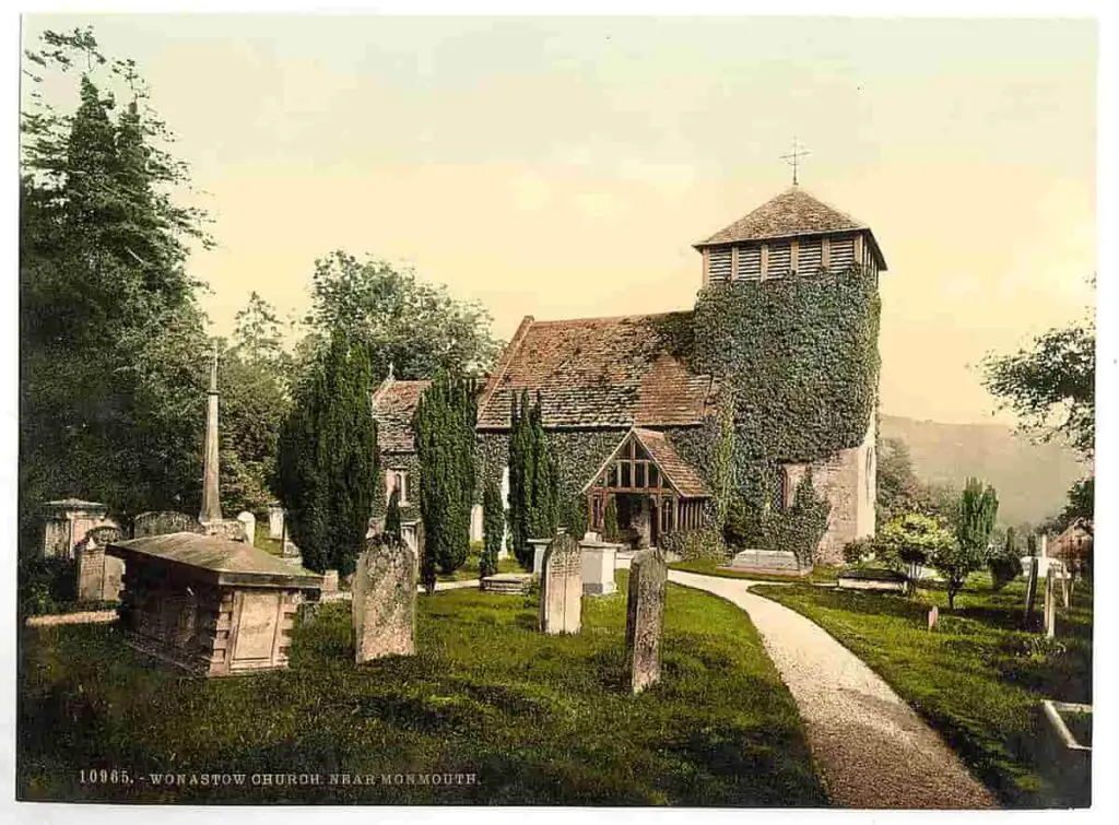 Old photo of the church at Wonastow, Monmouthshire, Wales, in the 1890s