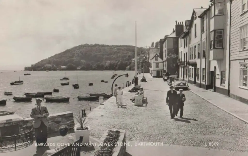 Old photo postcard of Bayards Cove and Mayflower Stone at Dartmouth in Devon, England