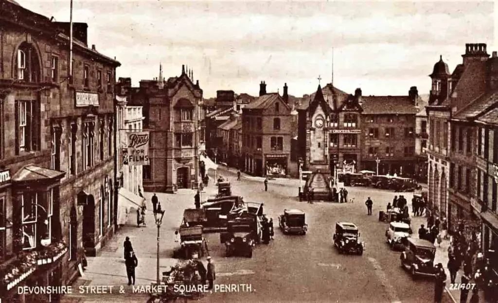 Old photo postcard of Devonshire Street and the Market Square at Penrith in Cumbria, England