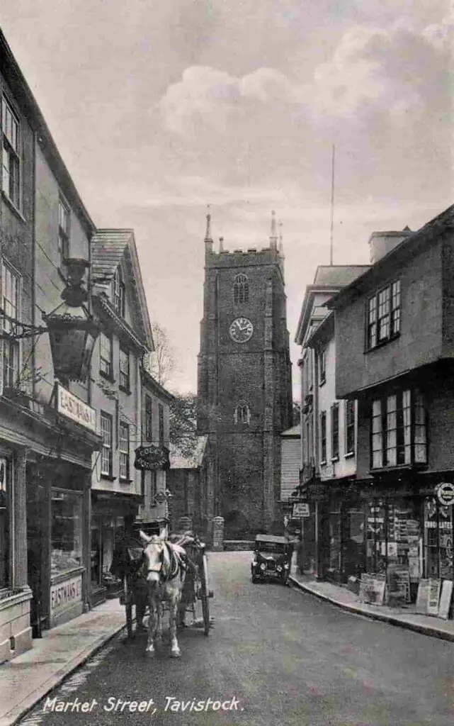 Old photo postcard of Market Street in Tavistock, Devon, England