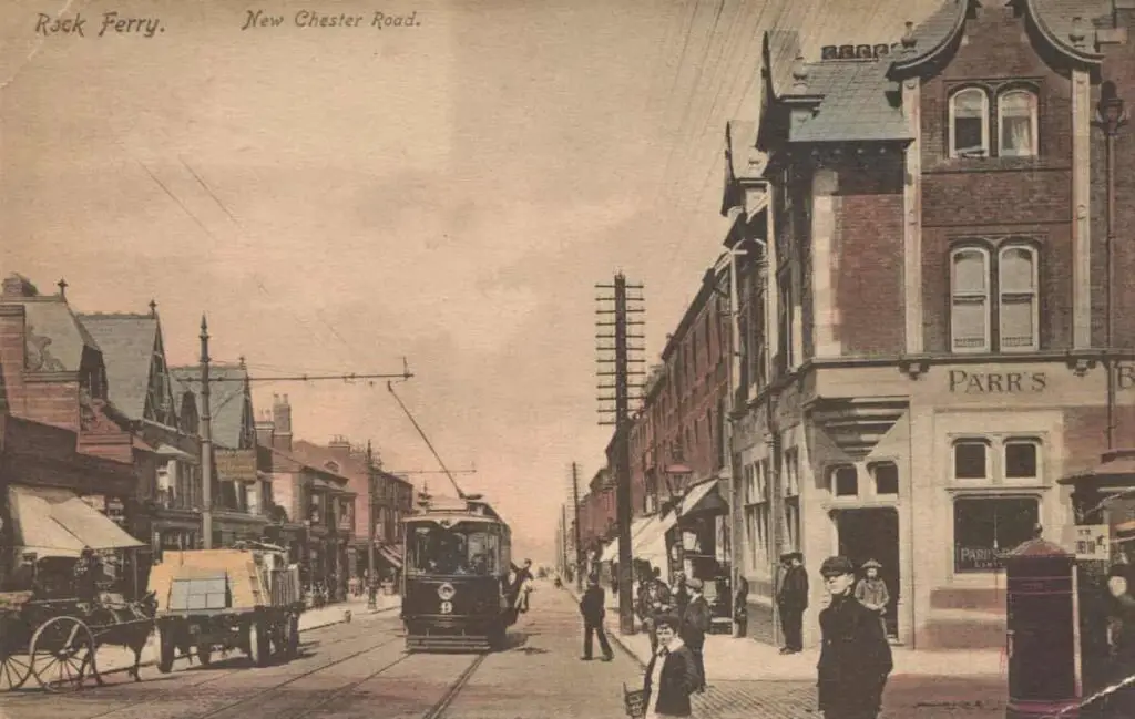 Old photo postcard of Parr's Bank and a tram at New Chester Road, Rock Ferry (formerly Cheshire, now Merseyside) circa 1919