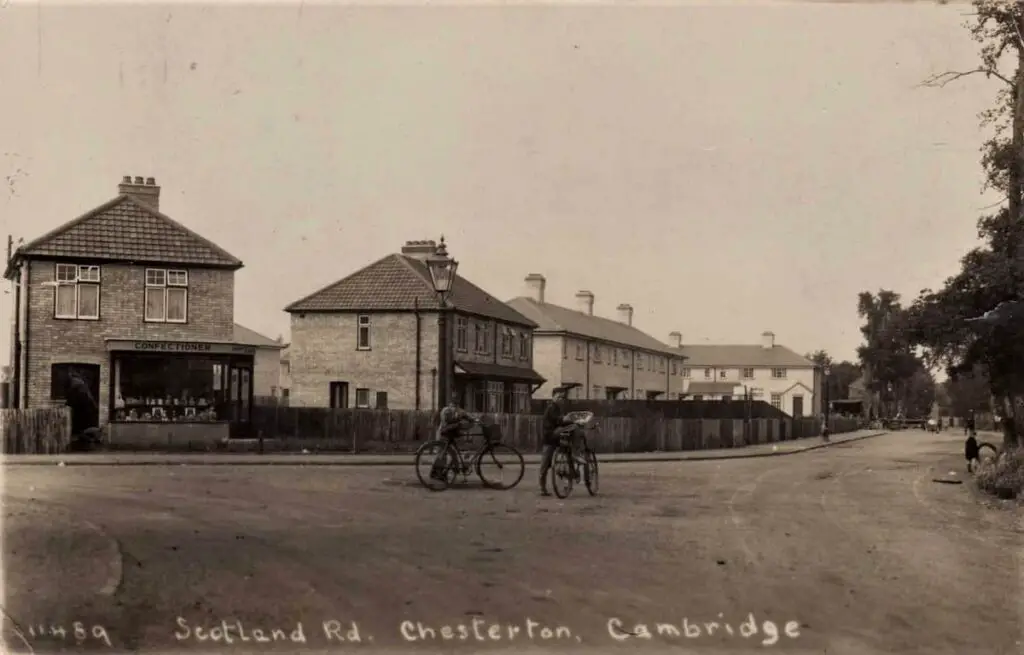 Old photo postcard of the confectioner's shop on Scotland Road, Chesterton, a suburb of Cambridge, England, circa 1932