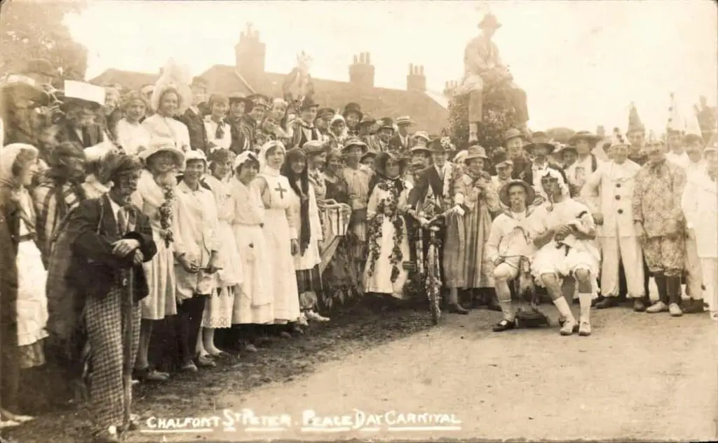 Old photo postcode of the Peace Day Carnival in Chalfont St Peter, Buckinghamshire, in 1918