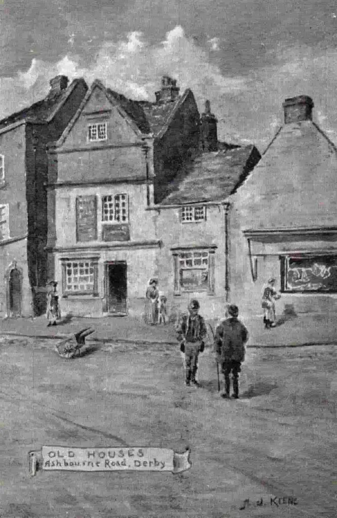 Old picture postcard of old houses on Ashbourne Road, Derby, England