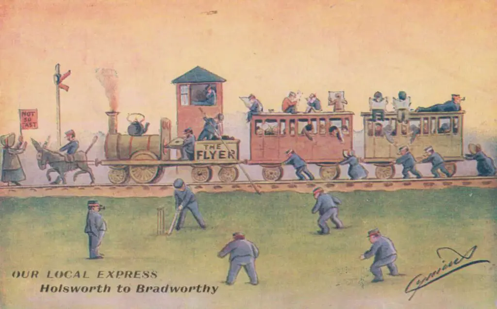 Vintage comedy postcard of the Holsworth to Bradworthy express train slowly passing a cricket match, circa 1910
