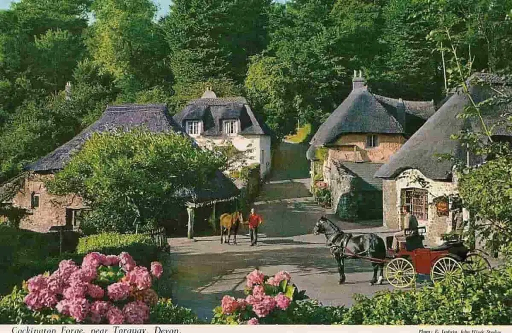 Vintage postcard of Cockington Forge in Devon, England, circa 1968